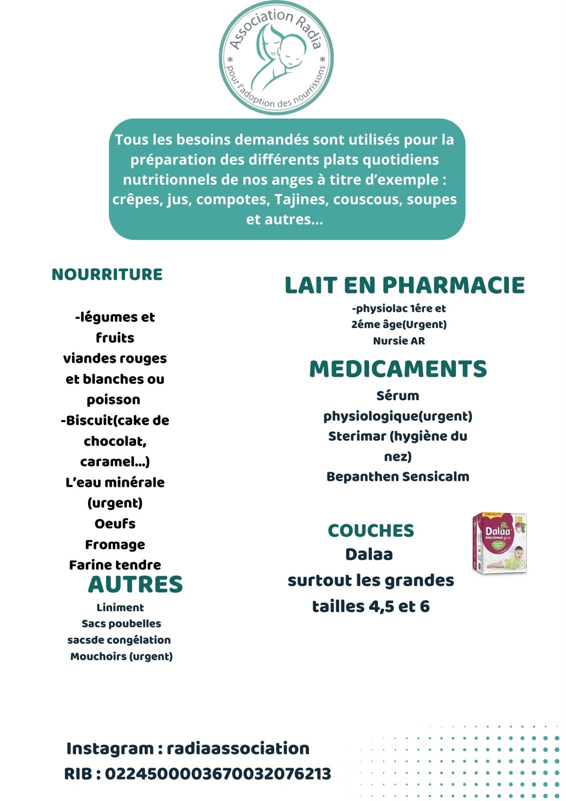 Liste officielle des besoins de l’Association Radia